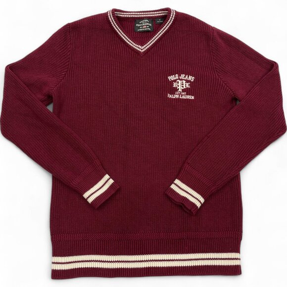 Polo Ralph Lauren Jeans Varsity Sweater V-Neck Cotton Burgundy Red Men's Small - Picture 1 of 9